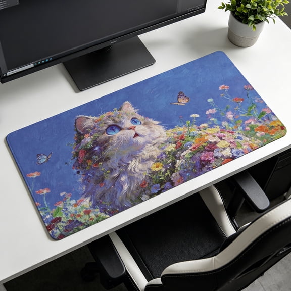 Extra Large cute cat oil painting with butterflies and flowers Mouse Pad,Non Slip Rubber Pad,Desktop Decoration Drotection Pad,Washable,Lock Edge Multi Size,Premium Multipurpose Mousepad