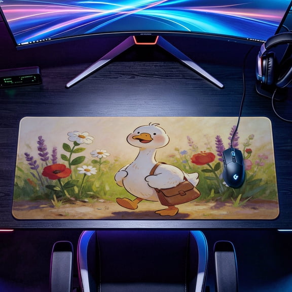 Extra Large cute duck with satchel in flower garden art Mouse Pad,Non Slip Rubber Pad,Desktop Decoration Drotection Pad,Washable,Lock Edge Multi Size,Premium Multipurpose Mousepad