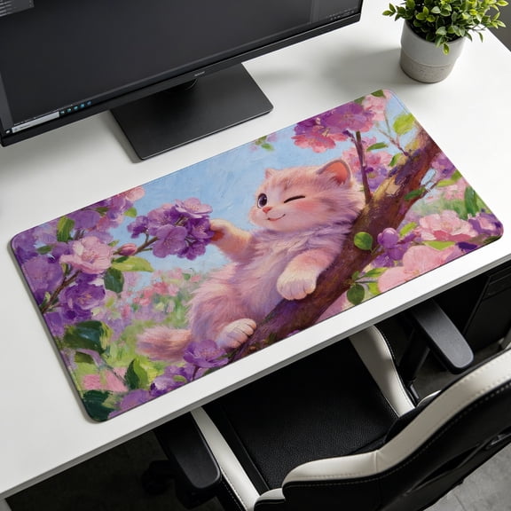 Extra Large cute kitten winking in cherry blossom flowers painting Mouse Pad,Non Slip Rubber Pad,Desktop Decoration Drotection Pad,Washable,Lock Edge Multi Size,Premium Multipurpose Mousepad