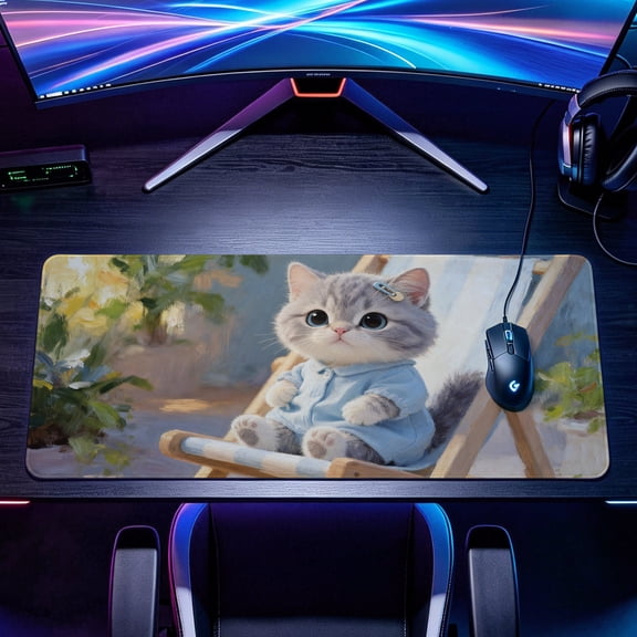 Extra Large cute oil painting kitten Mouse Pad，Non Slip Rubber Pad，Desktop Decoration Drotection Pad，Washable，Lock Edge Multi Size，Premium Multipurpose Mousepad