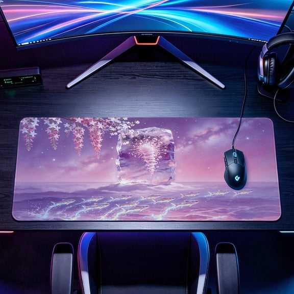 Extra Large dreamy purple cherry blossom and glowing fish Mouse Pad,Non Slip Rubber Pad,Desktop Decoration Drotection Pad,Washable,Lock Edge Multi Size,Premium Multipurpose Mousepad