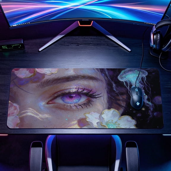 Extra Large fantasy dreamy aesthetic eyes jellyfish floral Mouse Pad，Non Slip Rubber Pad，Desktop Decoration Drotection Pad，Washable，Lock Edge Multi Size，Premium Multipurpose Mousepad