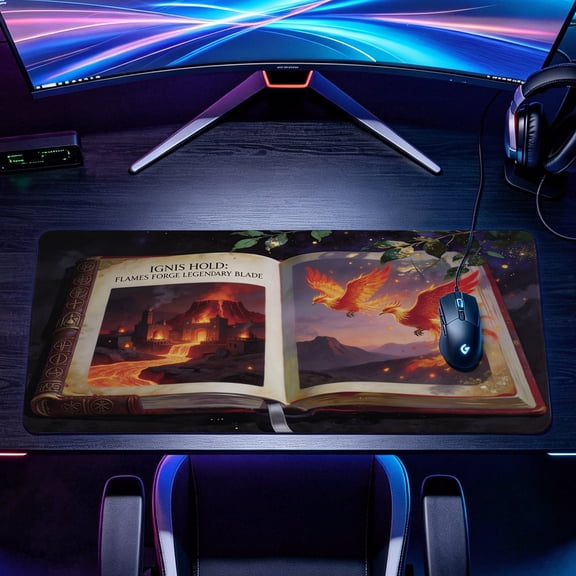 Extra Large fantasy phoenix fire volcano book art Mouse Pad，Non Slip Rubber Pad，Desktop Decoration Drotection Pad，Washable，Lock Edge Multi Size，Premium Multipurpose Mousepad For Gaming，Home Office