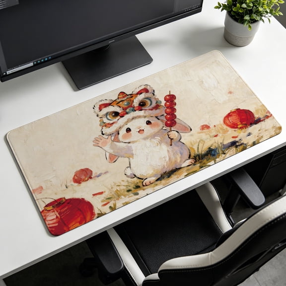 Extra Large festive lion dance bunny with hawthorn snack Mouse Pad， Non Slip Rubber Pad， Desktop Decoration Drotection Pad， Washable， Lock Edge Multi Size， Premium Multipurpose Mousepad