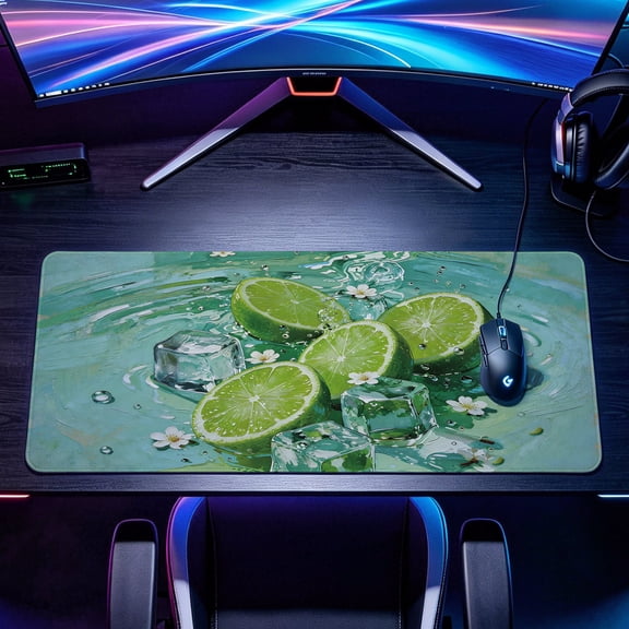 Extra Large fresh lime slices with ice cubes oil painting design Mouse Pad,Non Slip Rubber Pad,Desktop Decoration Drotection Pad,Washable,Lock Edge Multi Size,Premium Multipurpose Mousepad