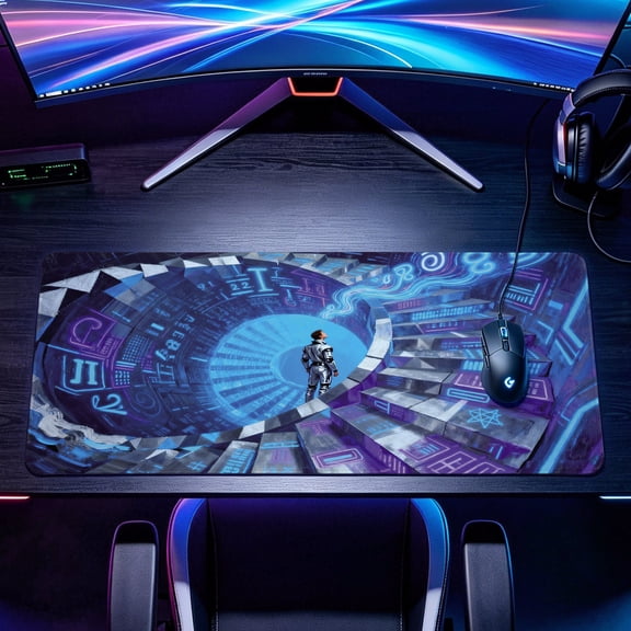 Extra Large futuristic scifi space traveler neon spiral stair pattern Mouse Pad,Non Slip Rubber Pad,Desktop Decoration Drotection Pad,Washable,Lock Edge Multi Size,Premium Multipurpose Mousepad