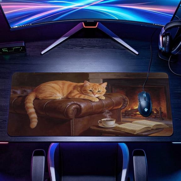 Extra Large ginger tabby cat lounging on leather sofa by fireplace Mouse Pad,Non Slip Rubber Pad,Desktop Decoration Drotection Pad,Washable,Lock Edge Multi Size,Premium Multipurpose Mousepad