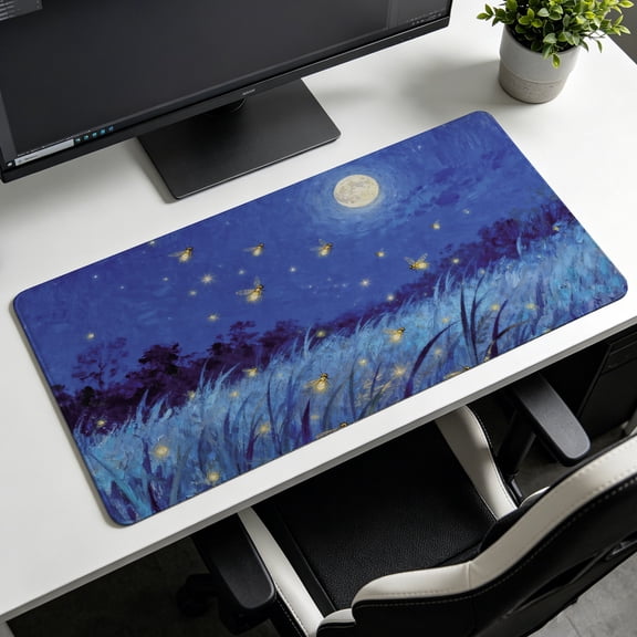 Extra Large glowing fireflies and full moon starry night art Mouse Pad,Non Slip Rubber Pad,Desktop Decoration Drotection Pad,Washable,Lock Edge Multi Size,Premium Multipurpose Mousepad