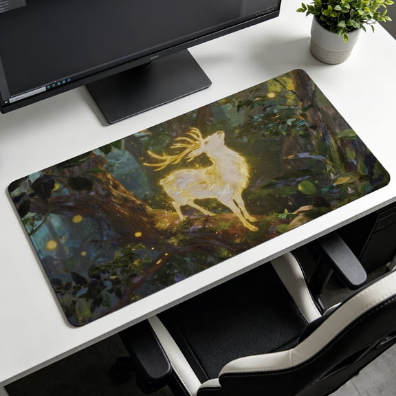 Extra Large glowing mystical deer in forest oil painting style Mouse Pad,Non Slip Rubber Pad,Desktop Decoration Drotection Pad,Washable,Lock Edge Multi Size,Premium Multipurpose Mousepad