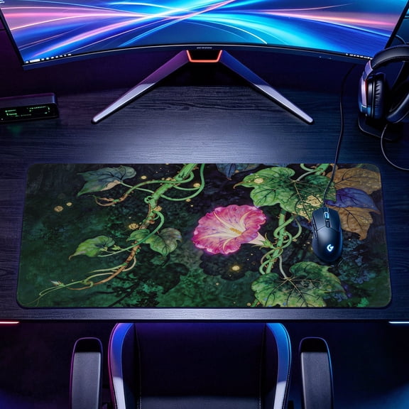 Extra Large gold leaf blooming morning glory flower art Mouse Pad，Non Slip Rubber Pad，Desktop Decoration Drotection Pad，Washable，Lock Edge Multi Size，Premium Multipurpose Mousepad