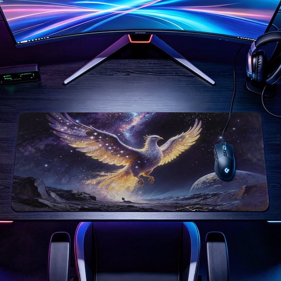 Extra Large golden phoenix galaxy stars Mouse Pad,Non Slip Rubber Pad,Desktop Decoration Drotection Pad,Washable,Lock Edge Multi Size,Premium Multipurpose Mousepad For Study,Gaming Desk