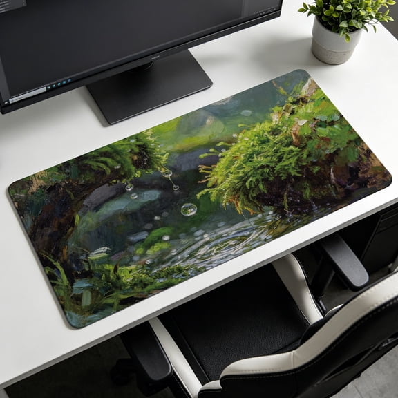 Extra Large green forest moss oil painting water droplets Mouse Pad,Non Slip Rubber Pad,Desktop Decoration Drotection Pad,Washable,Lock Edge Multi Size,Premium Multipurpose Mousepad,Gaming Desk