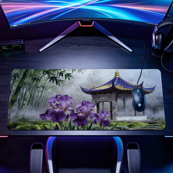 Extra Large ink wash style purple iris flower and ancient Chinese pavilion Mouse Pad，Non Slip Rubber Pad，Desktop Decoration Drotection Pad，Washable，Lock Edge Multi Size，Premium Multipurpose Mousepad