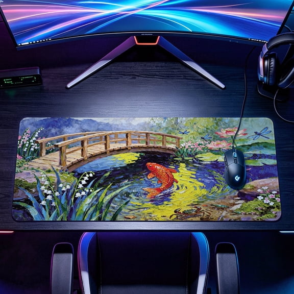 Extra Large koi fish pond landscape oil painting Mouse Pad,Non Slip Rubber Pad,Desktop Decoration Drotection Pad,Washable,Lock Edge Multi Size,Premium Multipurpose Mousepad