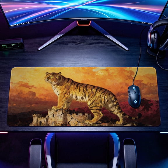 Extra Large majestic tiger on ancient castle ruins oil painting Mouse Pad,Non Slip Rubber Pad,Desktop Decoration Drotection Pad,Washable,Lock Edge Multi Size,Premium Multipurpose Mousepad