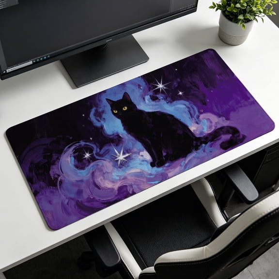Extra Large mystical galaxy black cat with glowing stars Mouse Pad,Non Slip Rubber Pad,Desktop Decoration Drotection Pad,Washable,Lock Edge Multi Size,Premium Multipurpose Mousepad