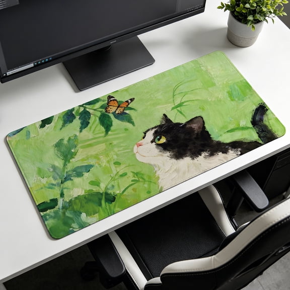 Extra Large oil painting cat and butterfly nature art Mouse Pad,Non Slip Rubber Pad,Desktop Decoration Drotection Pad,Washable,Lock Edge Multi Size,Premium Multipurpose Mousepad