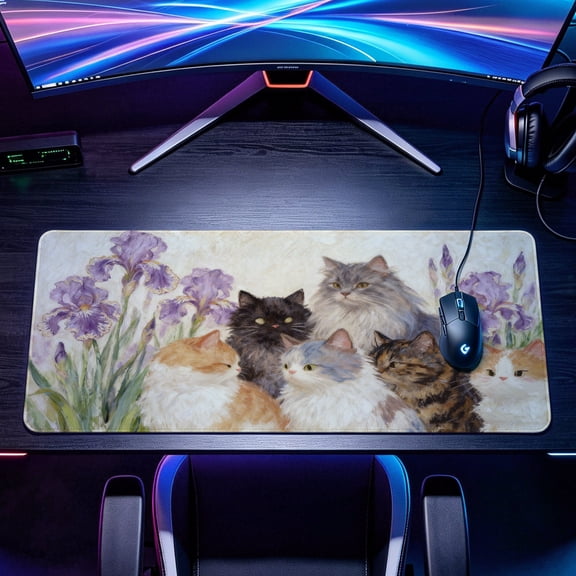 Extra Large oil painting cute cats and purple iris flowers Mouse Pad，Non Slip Rubber Pad，Desktop Decoration Drotection Pad，Washable，Lock Edge Multi Size，Premium Multipurpose Mousepad