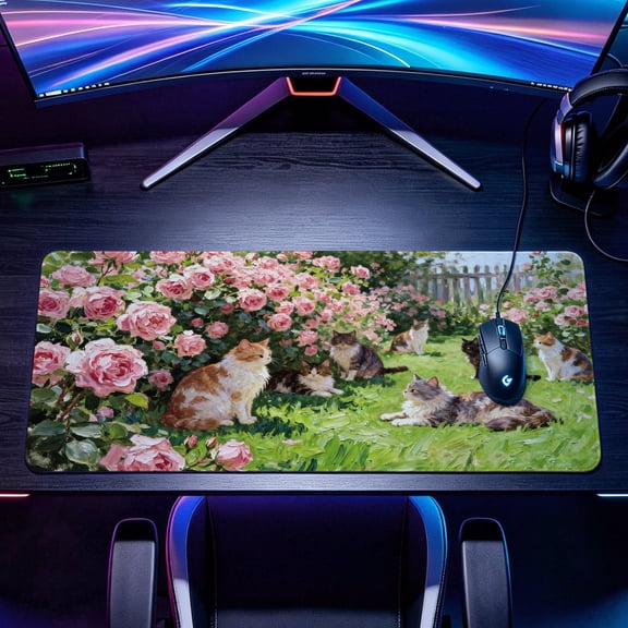 Extra Large oil painting style cats and roses garden design Mouse Pad,Non Slip Rubber Pad,Desktop Decoration Drotection Pad,Washable,Lock Edge Multi Size,Premium Multipurpose Mousepad