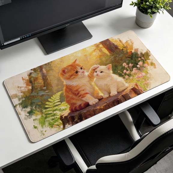 Extra Large oil painting style cute kittens on tree stump Mouse Pad，Non Slip Rubber Pad，Desktop Decoration Drotection Pad，Washable，Lock Edge Multi Size，Premium Multipurpose Mousepad