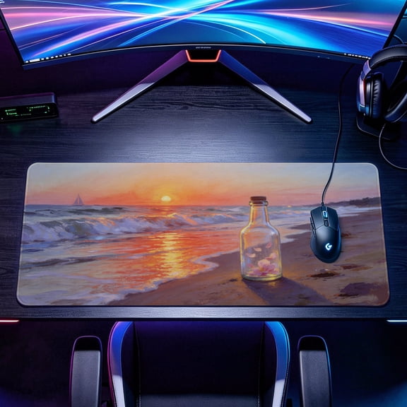 Extra Large romantic sunset beach drift bottle Mouse Pad,Non Slip Rubber Pad,Desktop Decoration Drotection Pad,Washable,Lock Edge Multi Size,Premium Multipurpose Mousepad