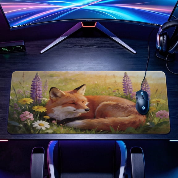 Extra Large sleeping fox in flower field Mouse Pad,Non Slip Rubber Pad,Desktop Decoration Drotection Pad,Washable,Lock Edge Multi Size,Premium Multipurpose Mousepad