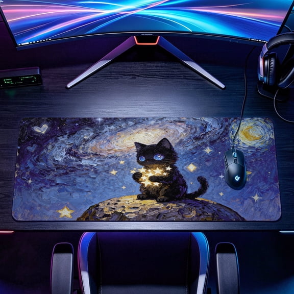 Extra Large starry night black cat holding glowing stars oil painting style Mouse Pad,Non Slip Rubber Pad,Desktop Decoration Drotection Pad,Washable,Lock Edge Multi Size,Premium Multipurpose Mousepad