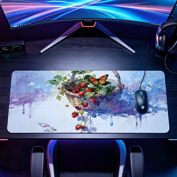 Extra Large strawberry basket and butterfly oil painting Mouse Pad，Non Slip Rubber Pad，Desktop Decoration Drotection Pad，Washable，Lock Edge Multi Size，Premium Multipurpose Mousepad
