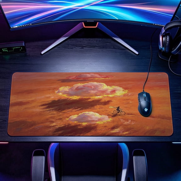 Extra Large sunset bicycle ride over golden clouds art Mouse Pad,Non Slip Rubber Pad,Desktop Decoration Drotection Pad,Washable,Lock Edge Multi Size,Premium Multipurpose Mousepad