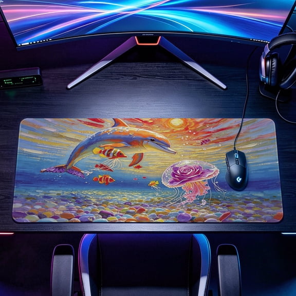 Extra Large vivid dolphin ocean wildlife art Mouse Pad,Non Slip Rubber Pad,Desktop Decoration Drotection Pad,Washable,Lock Edge Multi Size,Premium Multipurpose Mousepad,Work Desk