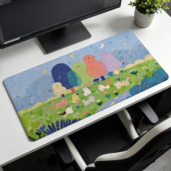 Extra Large whimsical oil painting cute cats and colorful trees Mouse Pad,Non Slip Rubber Pad,Desktop Decoration Drotection Pad,Washable,Lock Edge Multi Size,Premium Multipurpose Mousepad