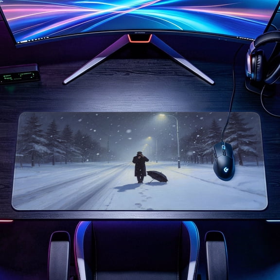 Extra Large winter street night snowfall art Mouse Pad,Non Slip Rubber Pad,Desktop Decoration Drotection Pad,Washable,Lock Edge Multi Size,Premium Multipurpose Mousepad