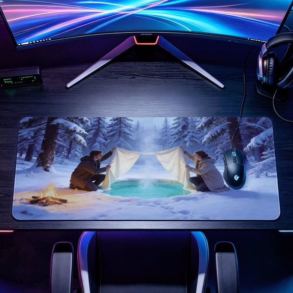 Extra Large winter wonderland campfire hot spring scene Mouse Pad,Non Slip Rubber Pad,Desktop Decoration Drotection Pad,Washable,Lock Edge Multi Size,Premium Multipurpose Mousepad