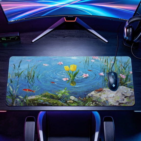 Extra Large yellow tulip flower koi fish pond art Mouse Pad,Non Slip Rubber Pad,Desktop Decoration Drotection Pad,Washable,Lock Edge Multi Size,Premium Multipurpose Mousepad