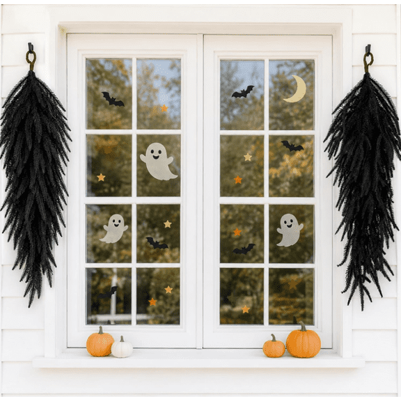 Extra Length Halloween Black Teardrop Swag, 28'' Gothic Pine Needles Teardrop Door Swag, High-End Black Norfolk Swags Decoration for Porch Pillars Mantle Windows Wall Home Decor(2 pcs)