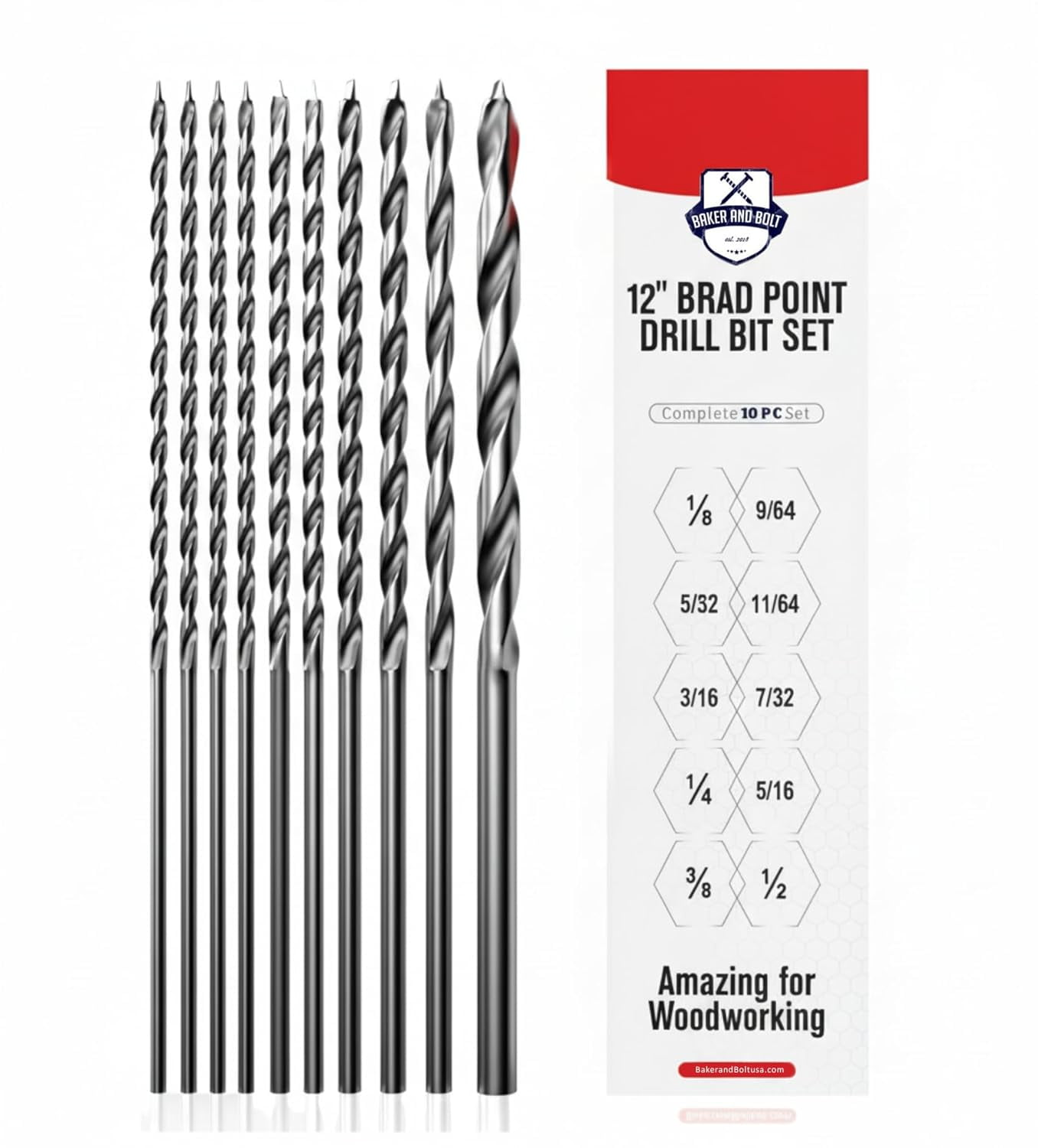 Extra Long 12" Brad Point Drill Bit Set for Wood High-Speed Steel Wood Drill Bits Set Titanium Coated Pack of 10 with Storage Sleeve (10 Pcs Brad Point 12" Long 1/8"-1/2")