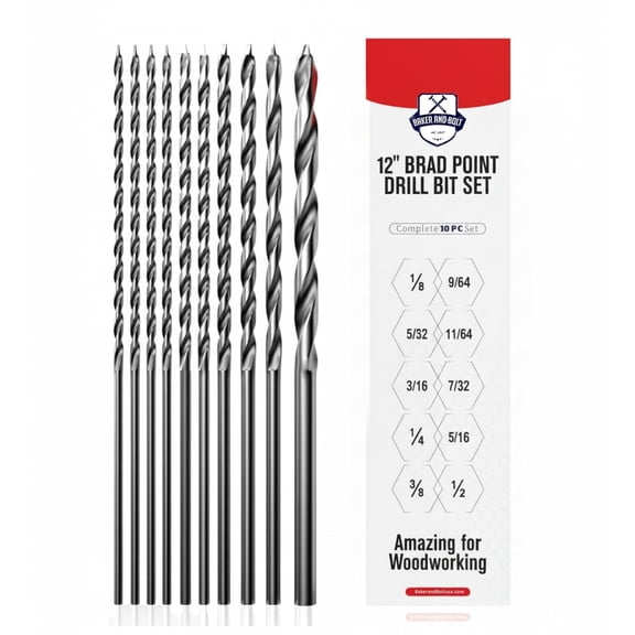 Extra Long 12" Brad Point Drill Bit Set for Wood High-Speed Steel Wood Drill Bits Set Titanium Coated Pack of 10 with Storage Sleeve (10 Pcs Brad Point 12" Long 1/8"-1/2")