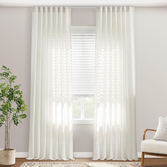 Extra Long 120 Inch Linen Sheer Curtains, 10 FT Track System Curtain Drapes with Hooks for Living Room High Ceiling Window, 2 Panels Set, Cream
