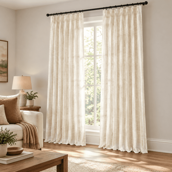 Linken Roo Extra Long 120 Inch Living Room Curta Beige Textured Flax Linen Tab ...