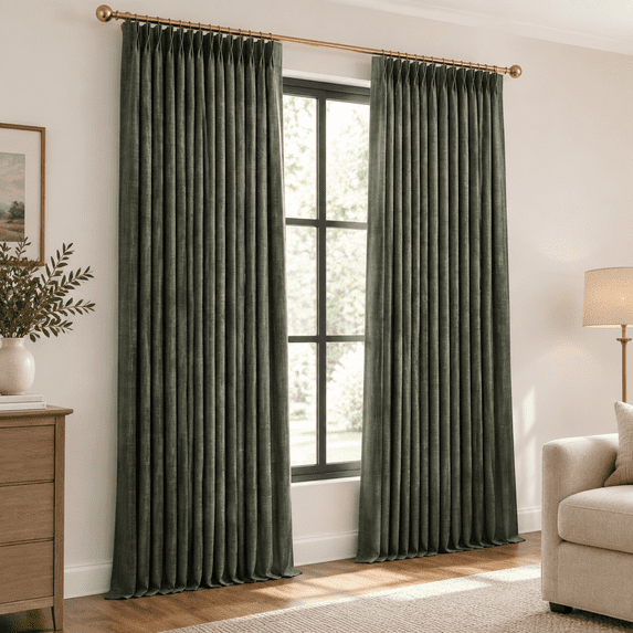 Linken Roo Extra Long 120 Inches Pinch Pleated Olive Linen Curtafor Living Room ...