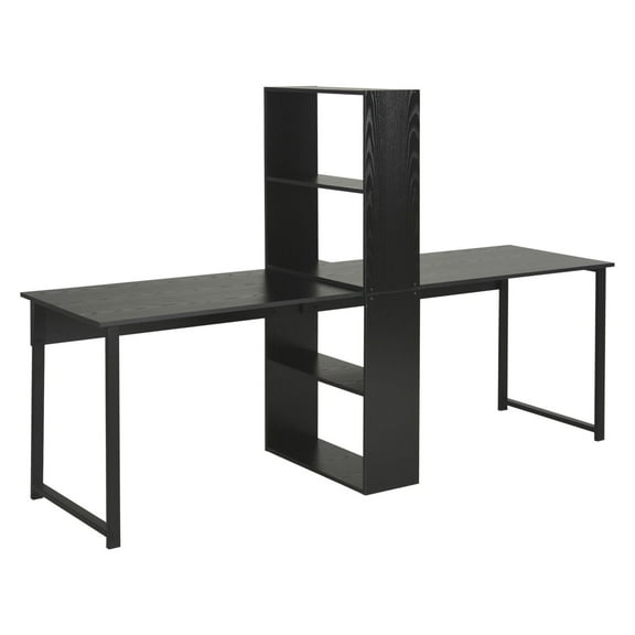 Extra Long 2 Person Desk with Bookshelf, Black Home Office Workstation Combo, Double Computer Table with Storage for Two People, Study Desk with Shelves