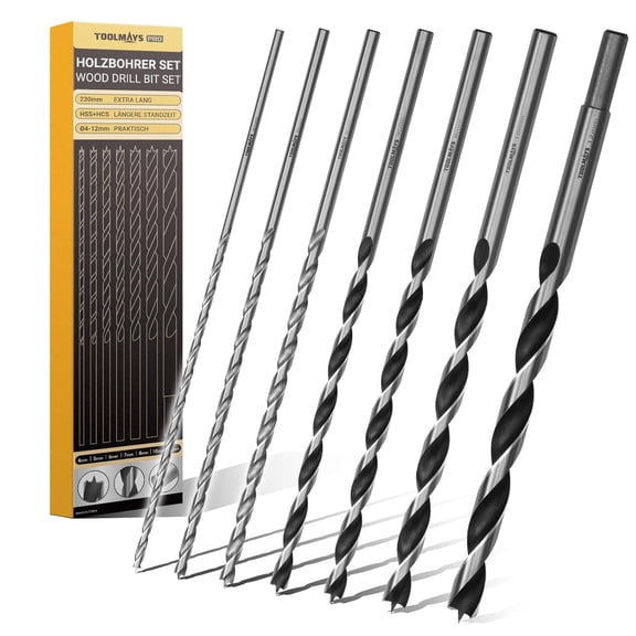 TOOLMAYS Brad Point Drill Bit Set Extra Long High-Speed Steel (HSS) 7 Pack Metric 230mm (4mm-12mm)