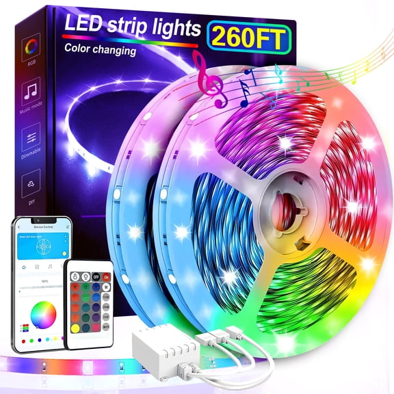 Extra Long 260ft Smart LED Strip Lights, RGB LED Lights with App And Remote Control, Dimming, Timing, DIY length and 16 million colors, Music Sync Color Changing Lights for Room Party, Halloween