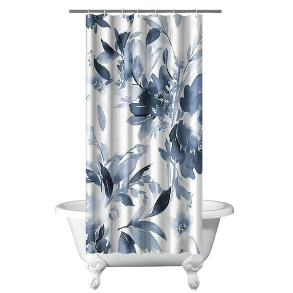 Extra Long 36"x72" Dark Blue Botanical Floral Shower Curtain Set with Hooks, Watercolor Ink Print and Dyed Plant Floral Bathroom Curtains, Waterproof for Bathroom