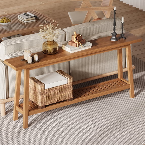 Extra Long 70.9" 2-Tier Console Table - Slim Wooden Sofa Table with Sturdy Shelf - Modern Farmhouse Entryway Furniture for Hallway, Living Room, or Foyer - Easy Assembly - Color: Yellow-Brown