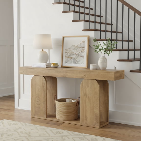 Extra Long 70.9-Inch Farmhouse Rustic Wood Console Table, 2-Tier Entryway Accent Table With U-Shaped Base For Hallway, Living Room, Foyer (Light Brown)