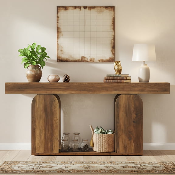 Extra Long 70.9-Inch Farmhouse Rustic Wood Console Table, 2-Tier Entryway Accent Table With U-Shaped Base & Spacious Storage Shelf For Hallway, Living Room, Foyer (Vintage Brown)