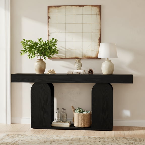 Extra Long 70.9-Inch Farmhouse Rustic Wood Console Table, 2-Tier Entryway Accent Table With U-Shaped Base For Hallway, Living Room, Foyer (Black)