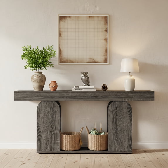 Extra Long 70.9-Inch Farmhouse Rustic Wood Console Table, 2-Tier Entryway Accent Table With U-Shaped Base For Hallway, Living Room, Foyer (Dark Gray)