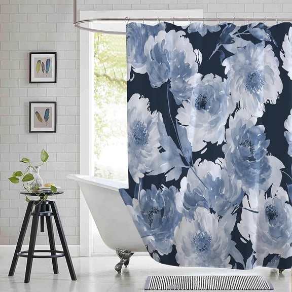 Extra Long 72"x84" Blue and White Floral Shower Curtain Set with Hooks,Watercolor Gentle Colors Flowers Bathroom Curtain,Modern Minimalist Waterproof Bath Curtain for Bathroom Decor